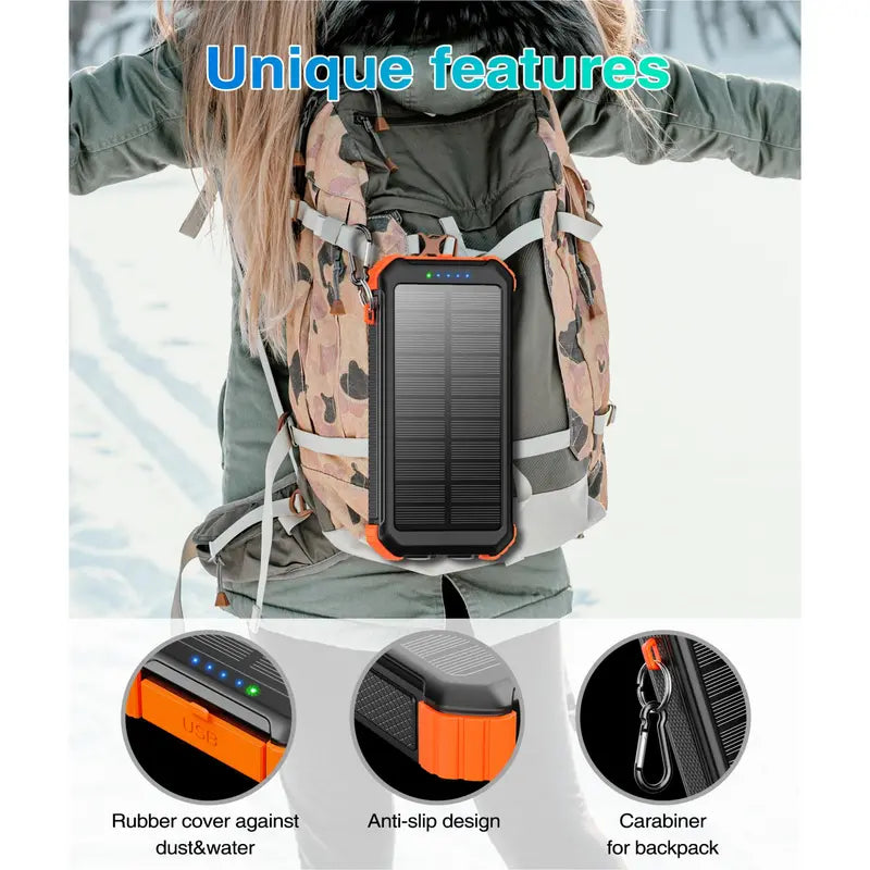 45800mAh Solar Power Bank with built-in 3 cables, USB-C, 5V3.1A QC 3.0 fast charging, compatible with iPhone, Samsung, Google, and more.